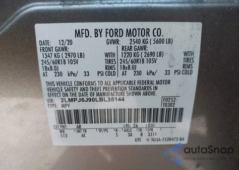 2020 Lincoln Nautilus Standard из США, поврежденный, VIN 2LMPJ6J90LBL35144